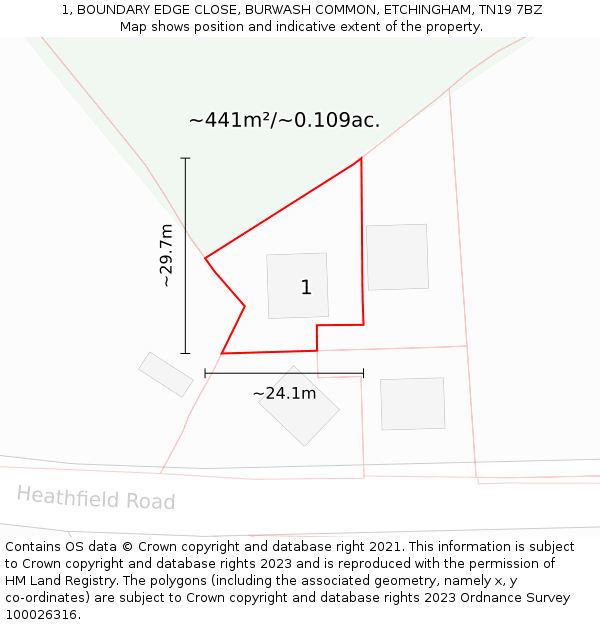 1, BOUNDARY EDGE CLOSE, BURWASH COMMON, ETCHINGHAM, TN19 7BZ: Plot and title map