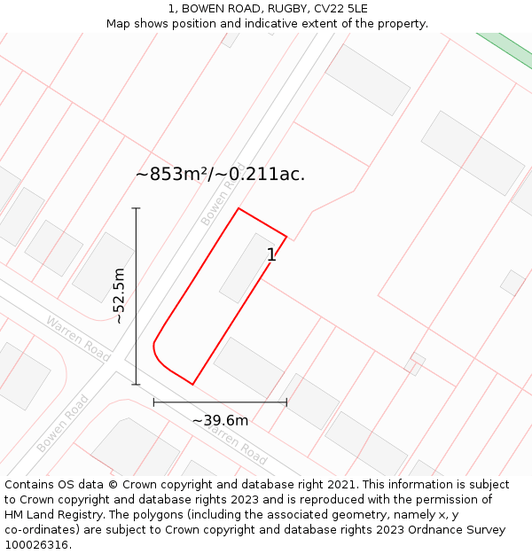 1, BOWEN ROAD, RUGBY, CV22 5LE: Plot and title map