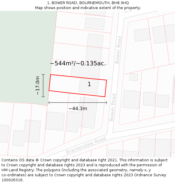 1, BOWER ROAD, BOURNEMOUTH, BH8 9HQ: Plot and title map