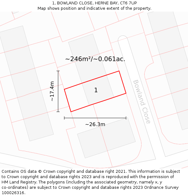 1, BOWLAND CLOSE, HERNE BAY, CT6 7UP: Plot and title map