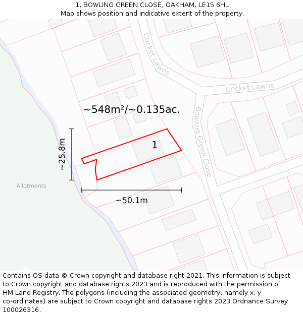 1, BOWLING GREEN CLOSE, OAKHAM, LE15 6HL: Plot and title map