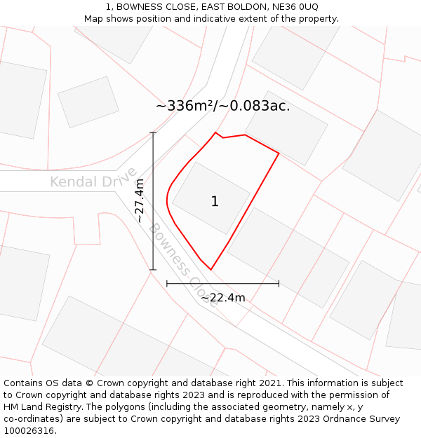 1, BOWNESS CLOSE, EAST BOLDON, NE36 0UQ: Plot and title map