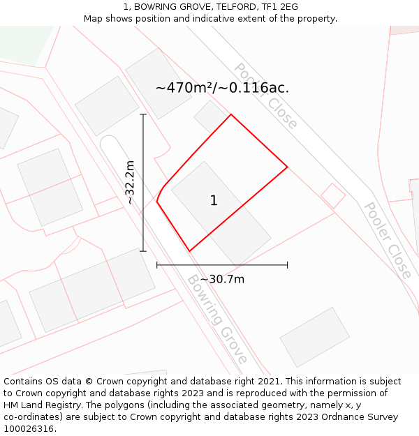 1, BOWRING GROVE, TELFORD, TF1 2EG: Plot and title map