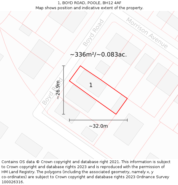 1, BOYD ROAD, POOLE, BH12 4AF: Plot and title map