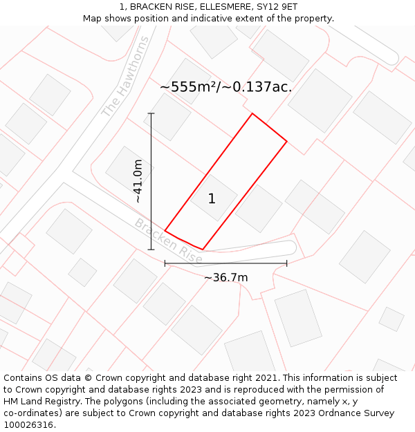 1, BRACKEN RISE, ELLESMERE, SY12 9ET: Plot and title map