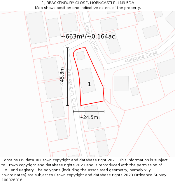 1, BRACKENBURY CLOSE, HORNCASTLE, LN9 5DA: Plot and title map