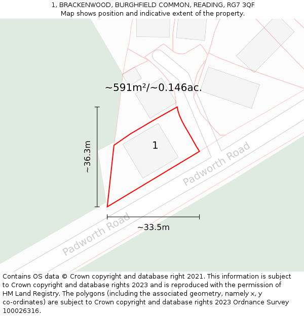 1, BRACKENWOOD, BURGHFIELD COMMON, READING, RG7 3QF: Plot and title map