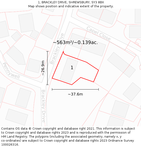 1, BRACKLEY DRIVE, SHREWSBURY, SY3 8BX: Plot and title map