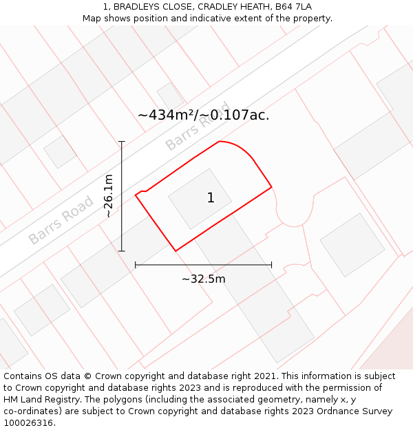 1, BRADLEYS CLOSE, CRADLEY HEATH, B64 7LA: Plot and title map