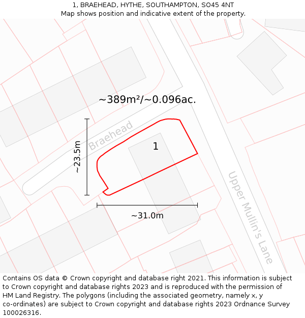 1, BRAEHEAD, HYTHE, SOUTHAMPTON, SO45 4NT: Plot and title map