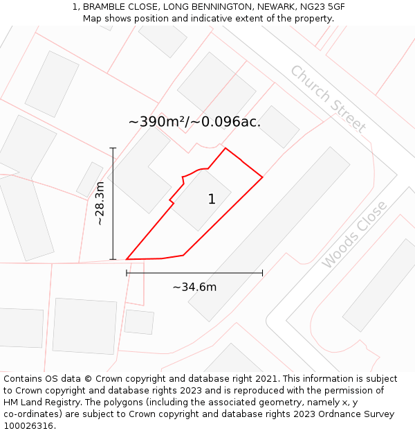 1, BRAMBLE CLOSE, LONG BENNINGTON, NEWARK, NG23 5GF: Plot and title map