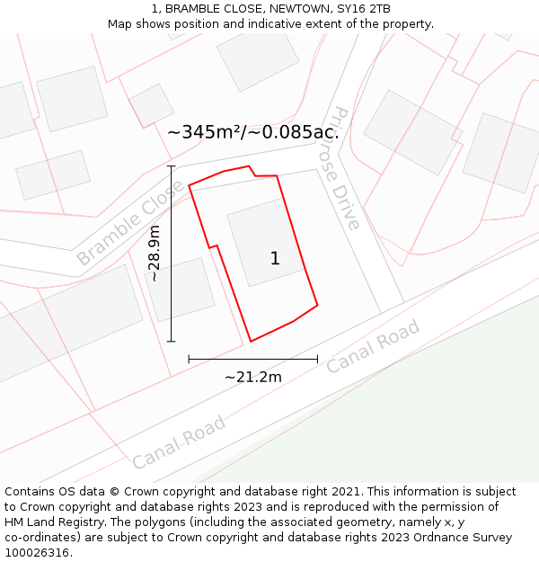 1, BRAMBLE CLOSE, NEWTOWN, SY16 2TB: Plot and title map