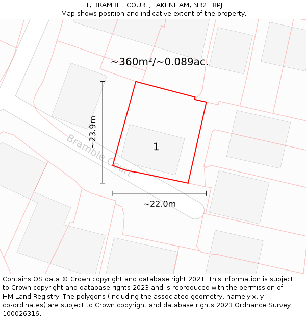 1, BRAMBLE COURT, FAKENHAM, NR21 8PJ: Plot and title map