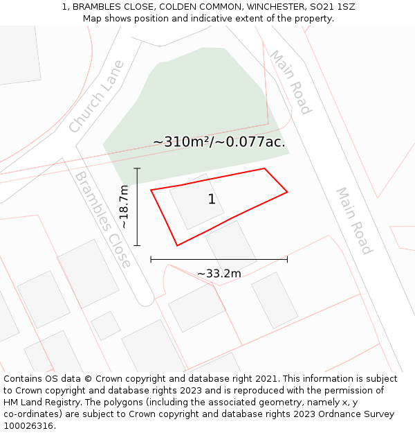 1, BRAMBLES CLOSE, COLDEN COMMON, WINCHESTER, SO21 1SZ: Plot and title map