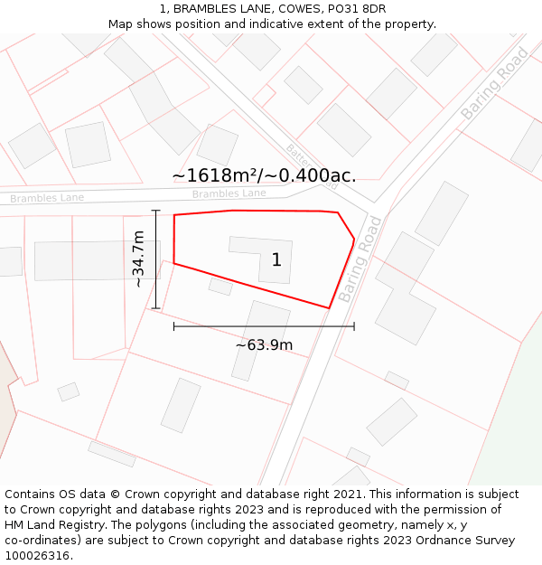 1, BRAMBLES LANE, COWES, PO31 8DR: Plot and title map