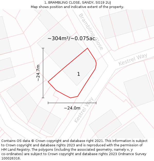 1, BRAMBLING CLOSE, SANDY, SG19 2UJ: Plot and title map