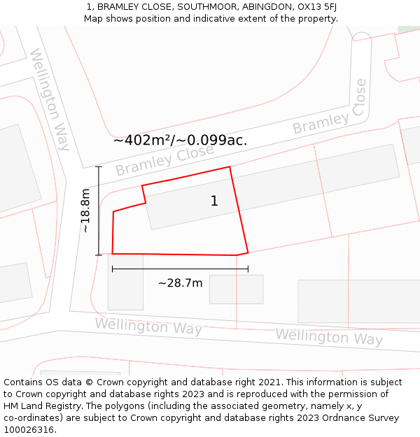 1, BRAMLEY CLOSE, SOUTHMOOR, ABINGDON, OX13 5FJ: Plot and title map