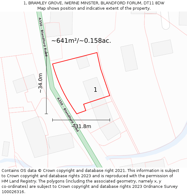 1, BRAMLEY GROVE, IWERNE MINSTER, BLANDFORD FORUM, DT11 8DW: Plot and title map
