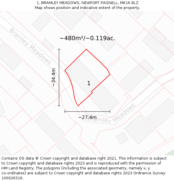 1, BRAMLEY MEADOWS, NEWPORT PAGNELL, MK16 8LZ: Plot and title map