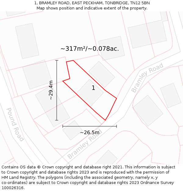 1, BRAMLEY ROAD, EAST PECKHAM, TONBRIDGE, TN12 5BN: Plot and title map