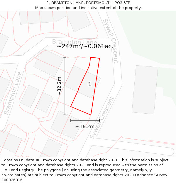 1, BRAMPTON LANE, PORTSMOUTH, PO3 5TB: Plot and title map