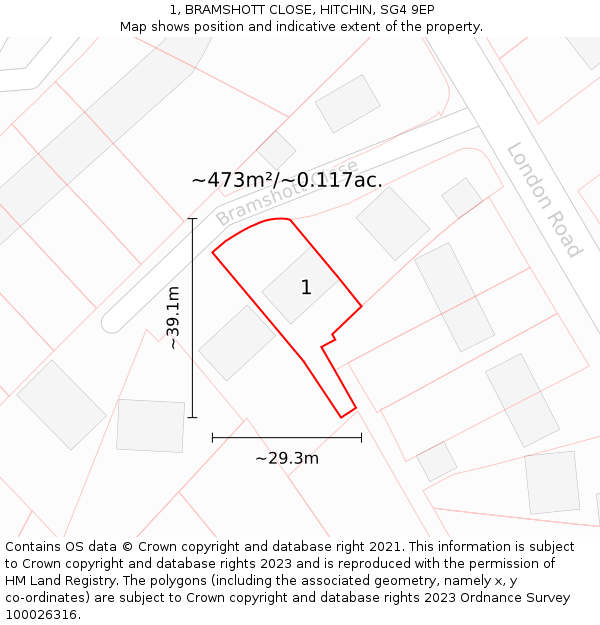 1, BRAMSHOTT CLOSE, HITCHIN, SG4 9EP: Plot and title map