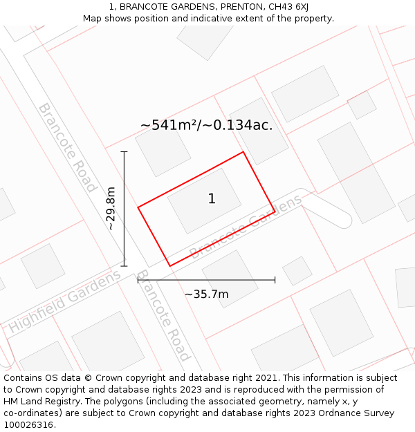 1, BRANCOTE GARDENS, PRENTON, CH43 6XJ: Plot and title map