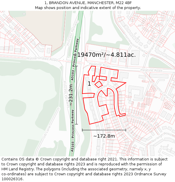 1, BRANDON AVENUE, MANCHESTER, M22 4BF: Plot and title map