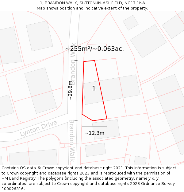 1, BRANDON WALK, SUTTON-IN-ASHFIELD, NG17 1NA: Plot and title map