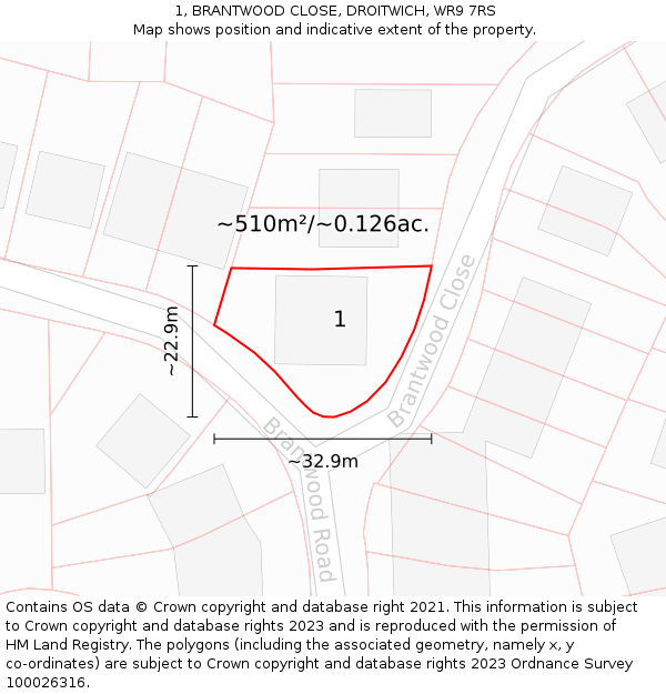 1, BRANTWOOD CLOSE, DROITWICH, WR9 7RS: Plot and title map