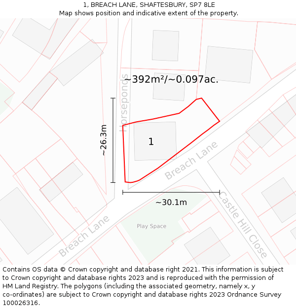 1, BREACH LANE, SHAFTESBURY, SP7 8LE: Plot and title map