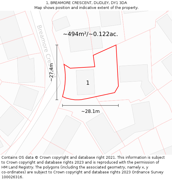 1, BREAMORE CRESCENT, DUDLEY, DY1 3DA: Plot and title map