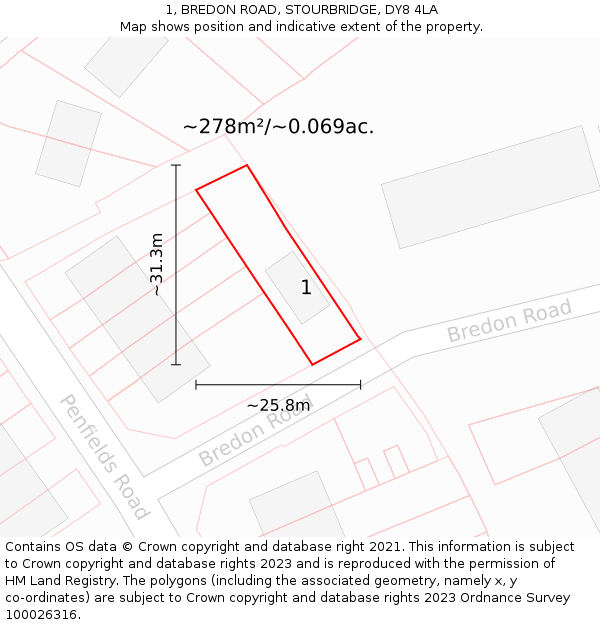 1, BREDON ROAD, STOURBRIDGE, DY8 4LA: Plot and title map