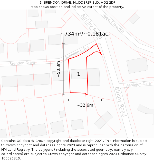 1, BRENDON DRIVE, HUDDERSFIELD, HD2 2DF: Plot and title map