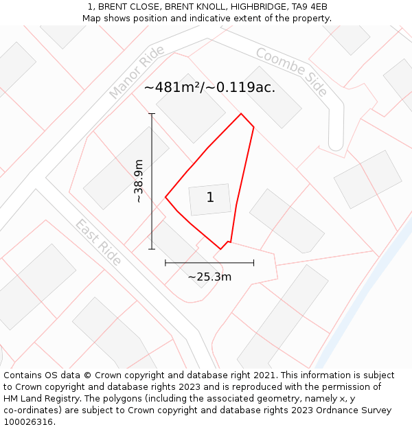 1, BRENT CLOSE, BRENT KNOLL, HIGHBRIDGE, TA9 4EB: Plot and title map