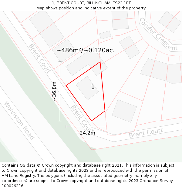 1, BRENT COURT, BILLINGHAM, TS23 1PT: Plot and title map