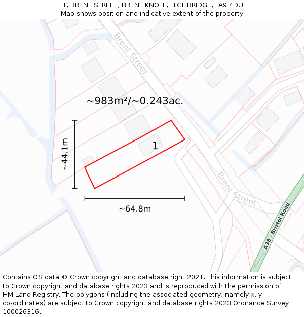 1, BRENT STREET, BRENT KNOLL, HIGHBRIDGE, TA9 4DU: Plot and title map