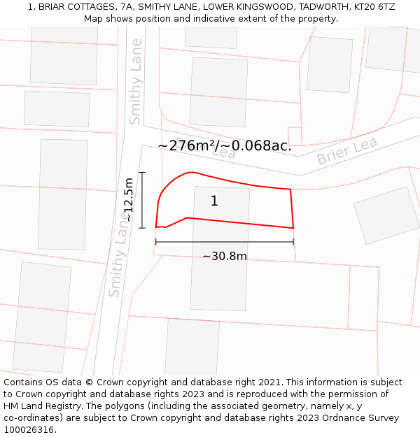 1, BRIAR COTTAGES, 7A, SMITHY LANE, LOWER KINGSWOOD, TADWORTH, KT20 6TZ: Plot and title map