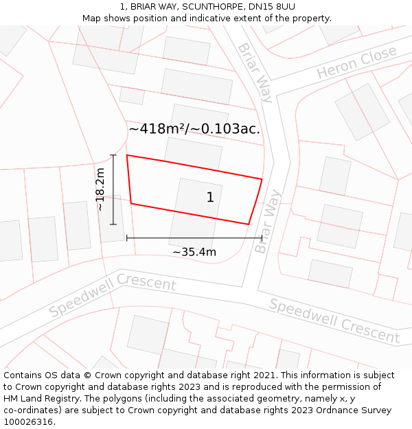 1, BRIAR WAY, SCUNTHORPE, DN15 8UU: Plot and title map