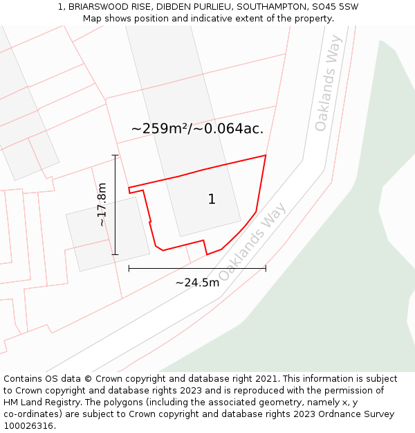 1, BRIARSWOOD RISE, DIBDEN PURLIEU, SOUTHAMPTON, SO45 5SW: Plot and title map