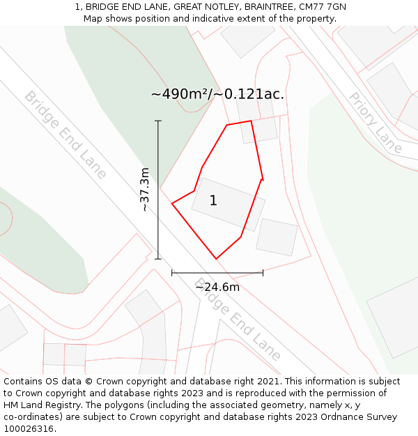 1, BRIDGE END LANE, GREAT NOTLEY, BRAINTREE, CM77 7GN: Plot and title map