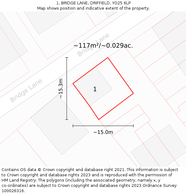 1, BRIDGE LANE, DRIFFIELD, YO25 6LP: Plot and title map