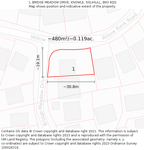 1, BRIDGE MEADOW DRIVE, KNOWLE, SOLIHULL, B93 9QG: Plot and title map