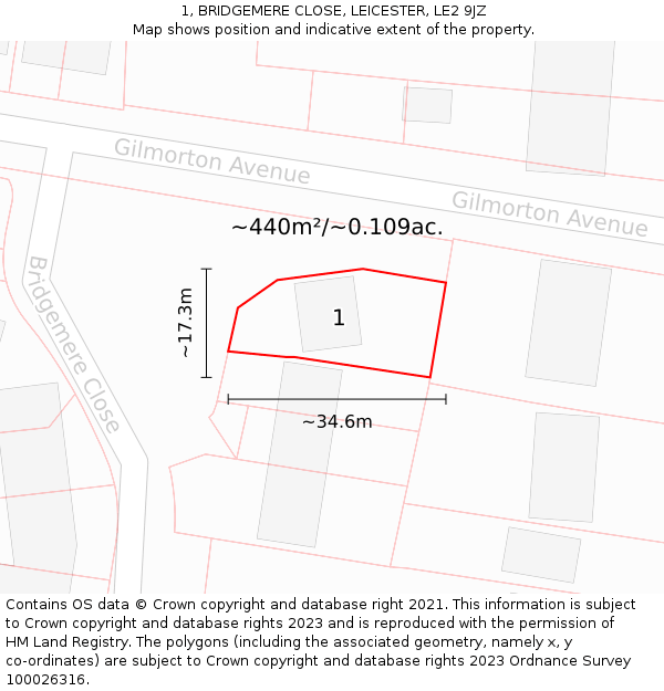 1, BRIDGEMERE CLOSE, LEICESTER, LE2 9JZ: Plot and title map