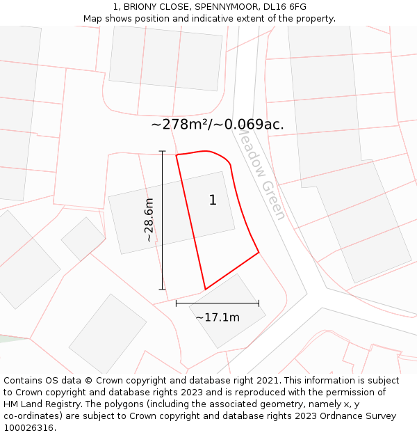 1, BRIONY CLOSE, SPENNYMOOR, DL16 6FG: Plot and title map