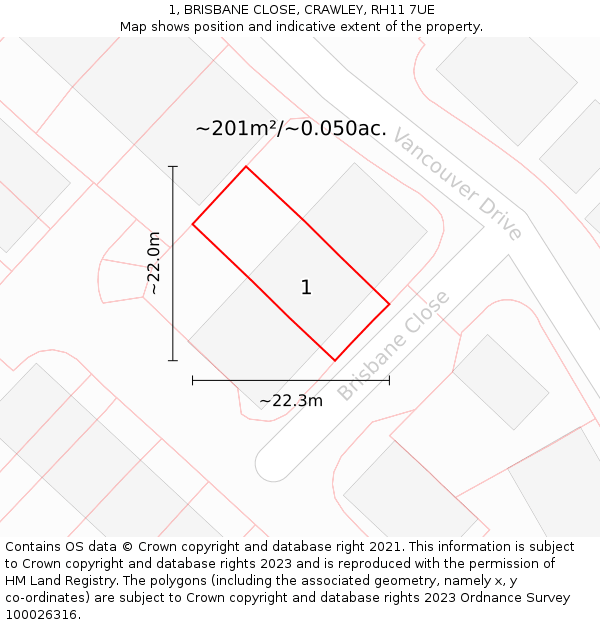 1, BRISBANE CLOSE, CRAWLEY, RH11 7UE: Plot and title map