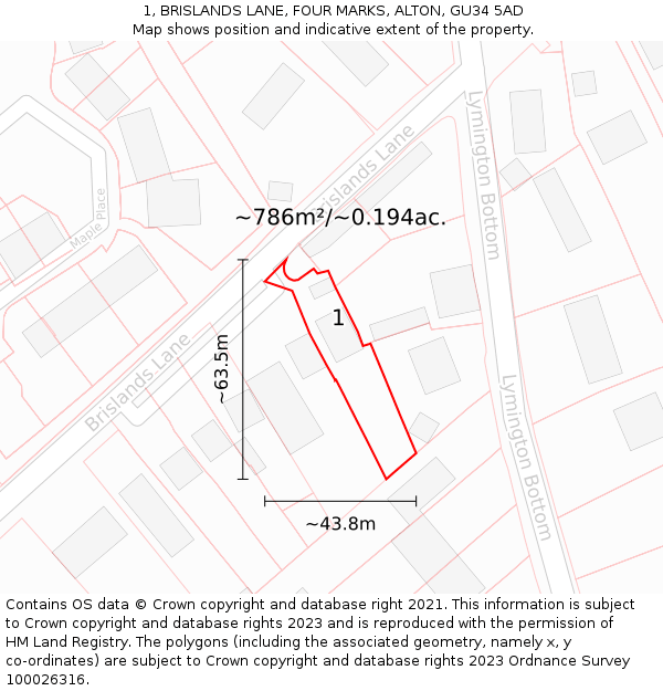 1, BRISLANDS LANE, FOUR MARKS, ALTON, GU34 5AD: Plot and title map