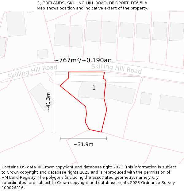 1, BRITLANDS, SKILLING HILL ROAD, BRIDPORT, DT6 5LA: Plot and title map