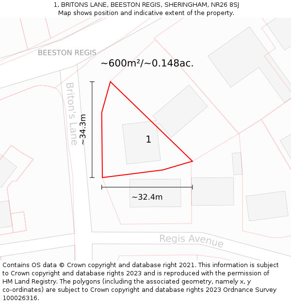 1, BRITONS LANE, BEESTON REGIS, SHERINGHAM, NR26 8SJ: Plot and title map