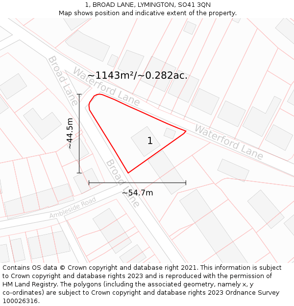 1, BROAD LANE, LYMINGTON, SO41 3QN: Plot and title map